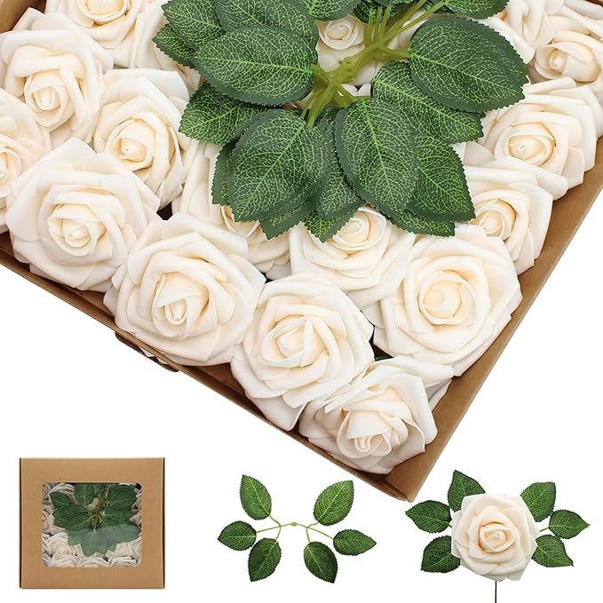 Artificial Flowers 50PCS Champagne Roses Real Looking Foam Fake Roses with Leaves and for DIY Wedding Bouquets Bridal Shower Centerpieces Party Decorations (Champagne)