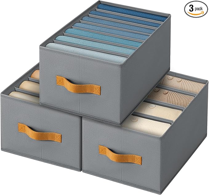 Clothes Organizers and Storage - 4/5/7 Grids Fabric Jeans Organizer with Handles, Foldable Closet Organizers Dividers, Wardrobe organizer for Pant, Sweater, T-shirt, Scarf, 3 Pack, Pale Grey