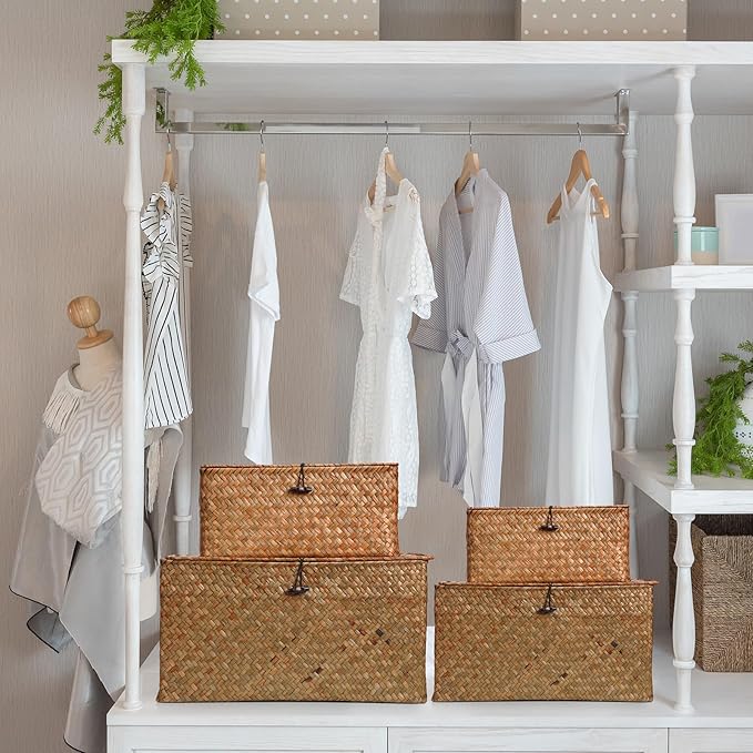 Kigley 6 Pcs Seagrass Basket with Lid Wicker Storage Decorative Boxes with Lids Bin Woven Organizer for Shelf Closet Bedroom, 6 Sizes(Classic Style,Dark Brown)