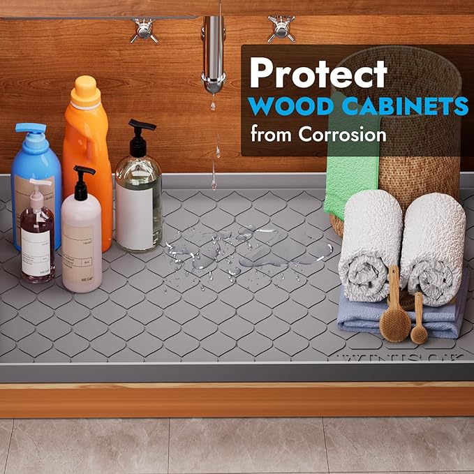 Silicone Under Sink Mat 28" x 19", Kitchen Essentials and Gadgets, Shelf Liner and Cabinet Protector, Home Organizers and Storage, Waterproof Bathroom Tray