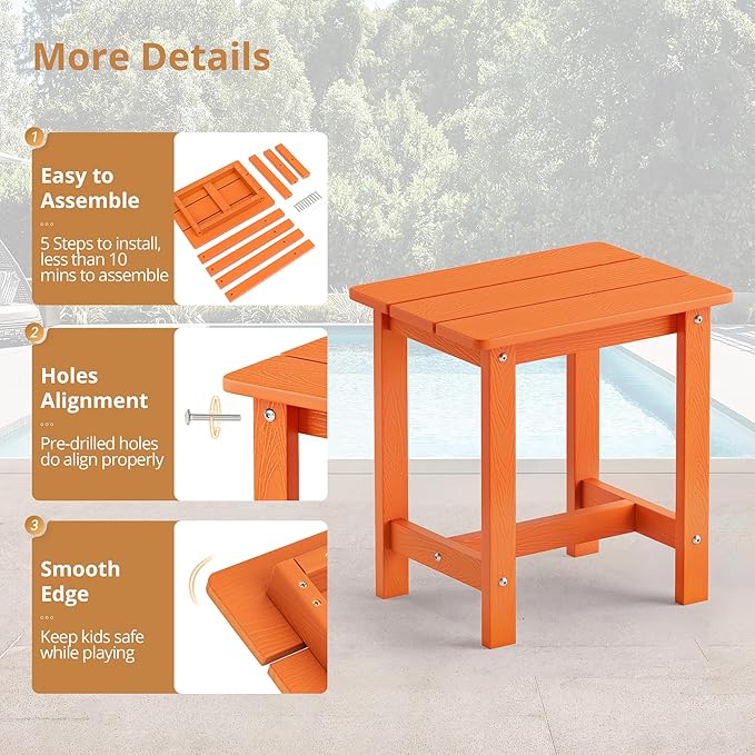 LUE BONA Outdoor Side Table, HDPS Small Outdoor Table, Adirondack Side Table, Outside End Table for Patio, Porch, Deck, Pool, Weather Resistant/Easy Maintenance/Indoor or Outdoor Use, Orange