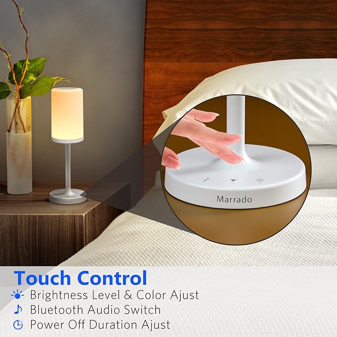 Marrado Bluetooth Speakers + Bedside Lamp, Night Light, Smart Touch Control Table Lamp for Bedroom Living Room, Portable Rechargeable LED Desk Lamp, Dimmable Warm White & Color Changing