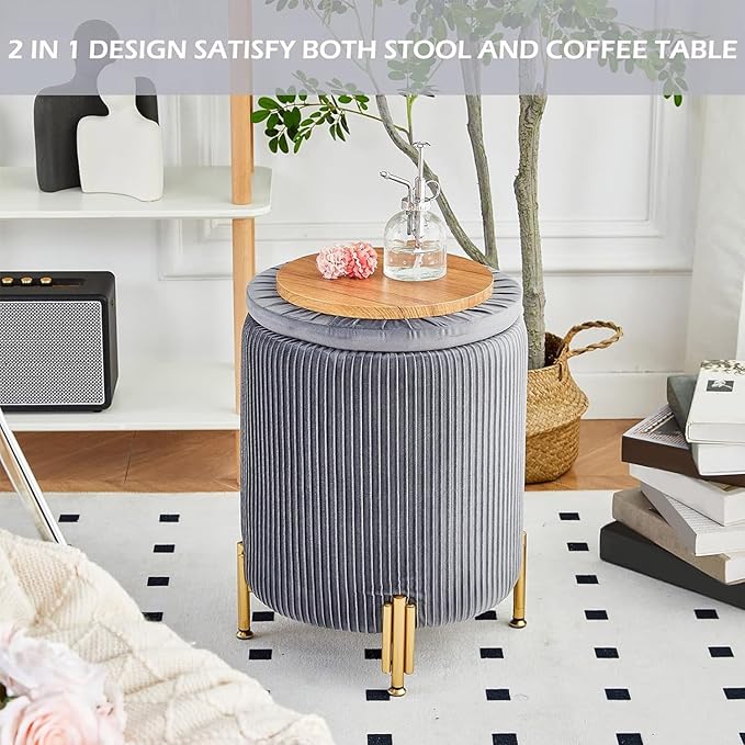 Mxfurhawa Round Ottoman Foot Stool with Storage and Metal Legs for Living Room Bedroom, Velvet Upholstered Footrest Stool Support 300lbs Modern Padded Seat Ottoman Coffee Table (Grey)