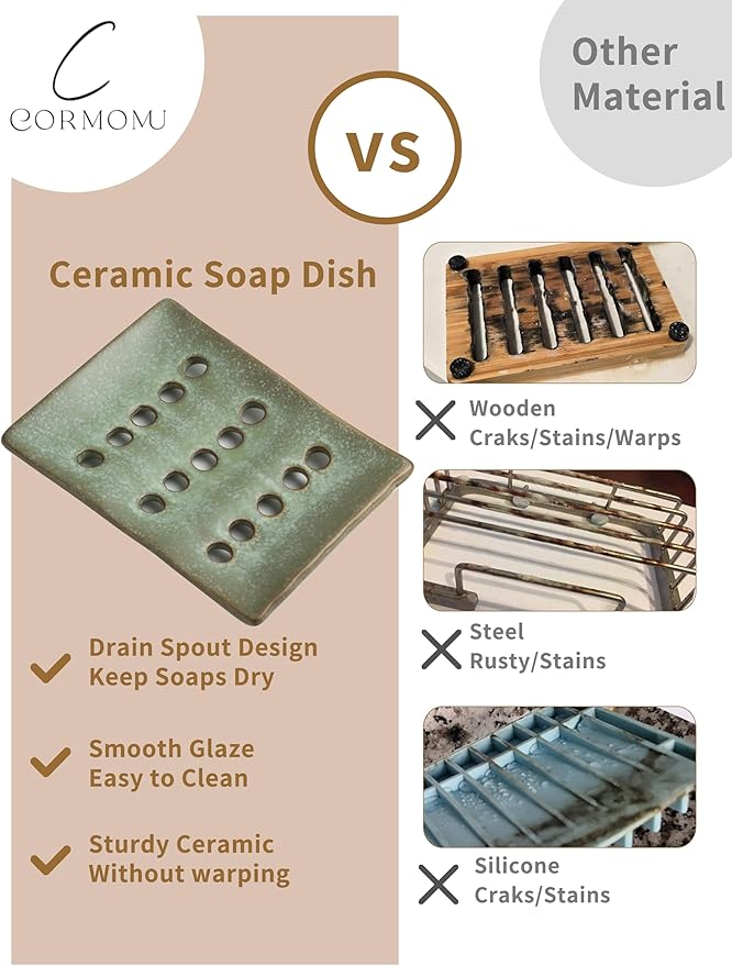 Ceramic Soap Dish with Self Drain for Shower, Bar Soap Holder to Lift and Keep Dry, Concave Design to Prevent Slipping, Suitable for Kitchen and Bathroom, Green