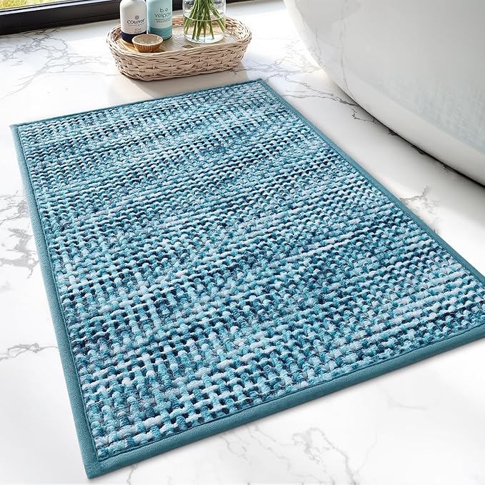 LUMI Chenille Bathroom Rugs, 16"x24" Extra Soft Non Slip Absorbent Bath Rugs, Washable Bath Mats for Bathroom Floor Tub and Shower, Blue