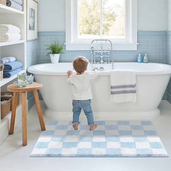 GRANNY SAYS Checkered Blue Bathroom Rugs, 36" x 24", Non-Slip Bath Mats for Bathroom, Plush Shag Absorbent Microfiber Ultra Soft Bath Mat, Cute Washable Rug for Tub, Shower, Bedroom