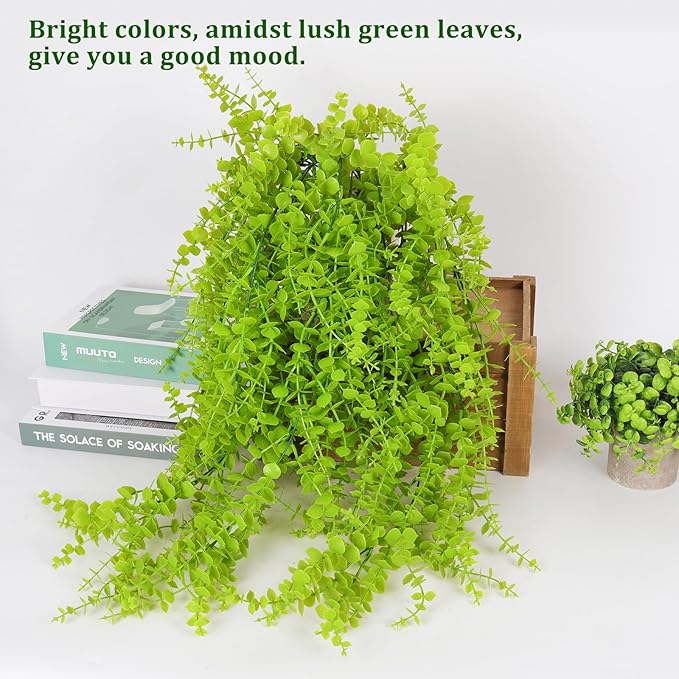 Fake Hanging Plants Faux Vine Leaves Artificial Green Eucalyptus Plants Fake Hanging Eucalyptus Leaf Plant Decorate Indoors Outdoors Decor of Living Room Kitchen Yard Garden Bedroom Wall(Light Green)