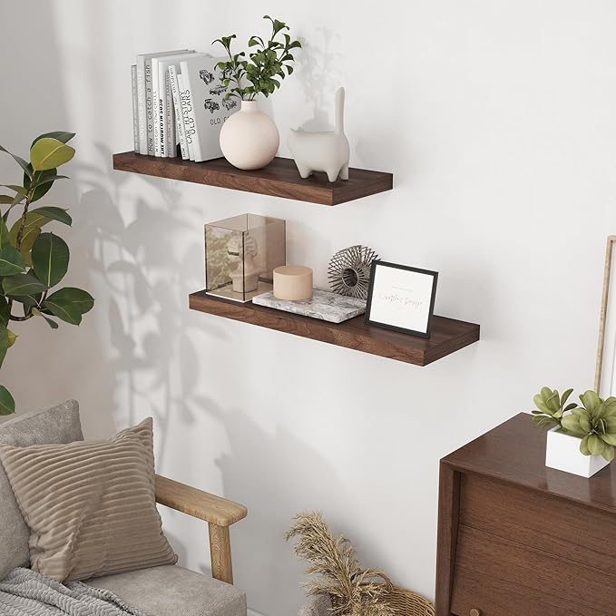 Fun Memories Floating Shelves 32" W x 9" D, Deep Floating Shelves for Wall, 9.3 Inch Deep Wall Shelves for Bathroom, Living Room, Wide Storage & Display Shelves for Home Decor, Walnut Color