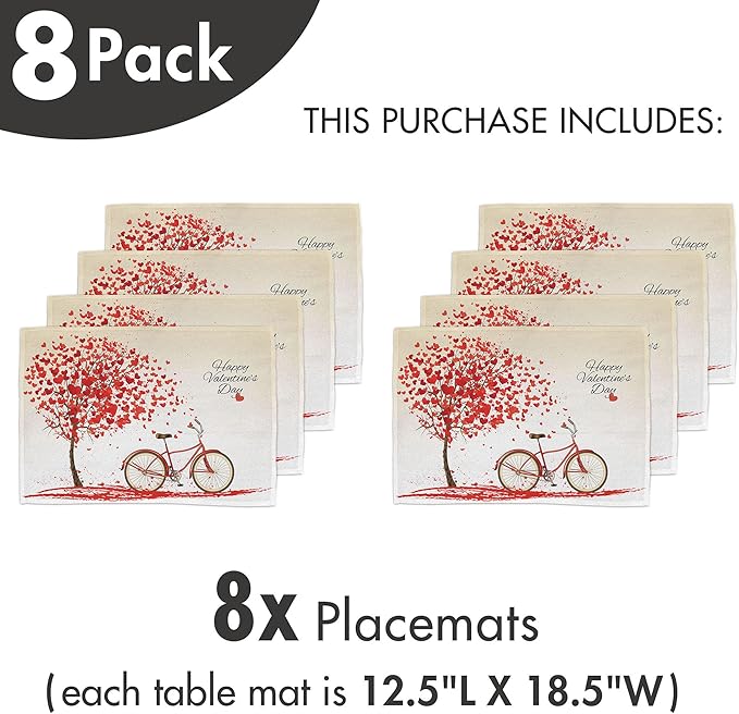 Ambesonne Valentines Day Place Mats Set of 8, Romantic Tree with Blooming Hearts with Bike and Petals Vintage Art, Washable Fabric Placemats for Dining Table, Placemat 8 pcs, Cream Vermilion