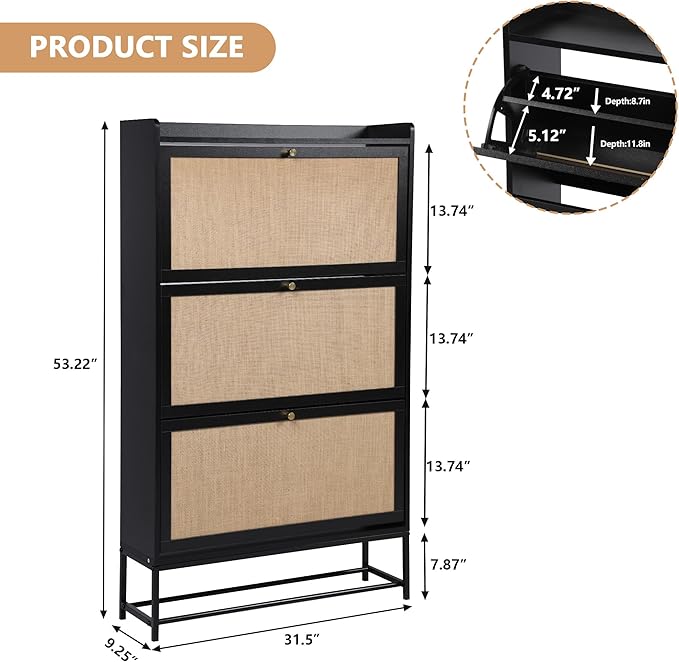 AVZEAR Shoe Cabinet, Shoe Cabinet Freestanding Tipping Bucket Shoe Rack Organizer with 3 Flip Drawers, Modern Entryway Narrow Shoe Rack for Entryway, Hallway, Bedroom (Black)