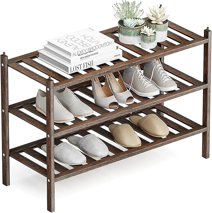 Shoe Rack, 3-Tier Bamboo Stackable Shelf Storage Organizer, Stand for Closet, Entryway, Hallway, Bathroom and Living Room(Mocha)