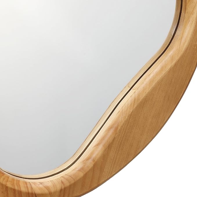 LuxenHome Asymmetrical Wall Mirror with Natural Pine Wood Frame,Irregular Wall Mirror for Living Room,Entryway,Bedroom,Decorative Mirror,Bathroom Mirror, Wood Wall Mounted Mirror