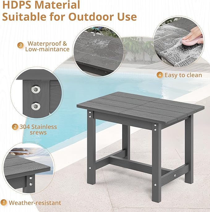 LUE BONA Outdoor Side Table, HDPS Large Size Outdoor Table, Adirondack Side Table, Outside End Table for Patio, Porch,Beach, Garden, Weather Resistant/Easy Maintenance/Indoor or Outdoor Use, Dark Gray