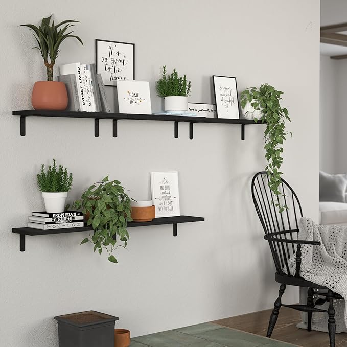 Floating Shelves, 5 Sets Wall Shelves, Wood Floating Shelves for Bedroom Wall Décor, Wall Mounted Floating Bathroom Shelf for Storage, Floating Book Shelf, Living Room – Black