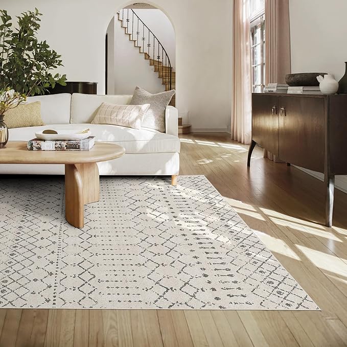Deerly Area Rug 6x9 Living Room Distressed Area Rugs, Non Slip Washable Rugs Large Moroccan Boho Farmhouse Rug for Bedroom Dining Room, Neutral Low Pile Indoor Floor Carpet, Off White/Grey