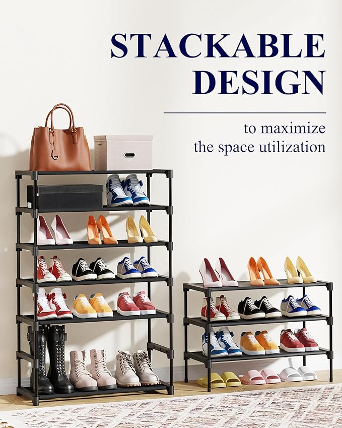 Kitsure Shoe Rack - Premium Non-Woven Shoe Rack Shelf, Shoe Organizer for Closet, Entryway, Garage & Corridor, Sturdy & Durable Long Stackable Shoe Shelves, Medium, Black