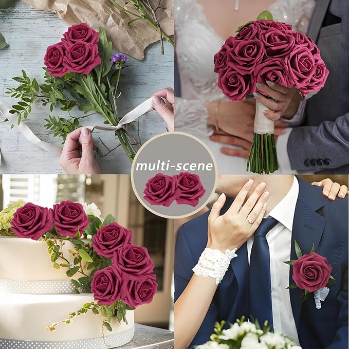 200PCS Artificial Flowers Burgundy Roses Real Looking Foam Fake Roses with Leaves and for DIY Wedding Bouquets Bridal Shower Centerpieces Party Decorations (Burgundy, 200)