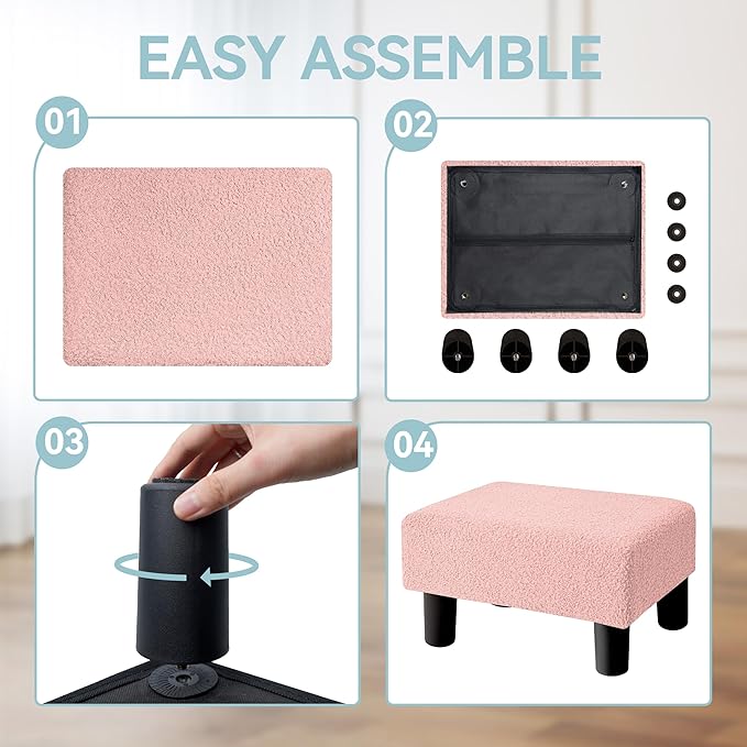 BRIAN & DANY Small Foot Stool Ottoman, Footstool with Legs, Teddy Velvet Foot Rest for Living Room, Bedroom and Office, Pink