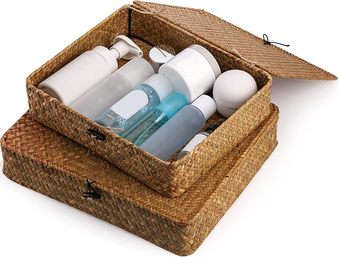 Elsjoy 2 Pack Seagrass Baskets with Lid, Wicker Storage Baskets Flat Rattan Storage Bins, Woven Organizer Baskets for Shelf, Closet, Bedroom