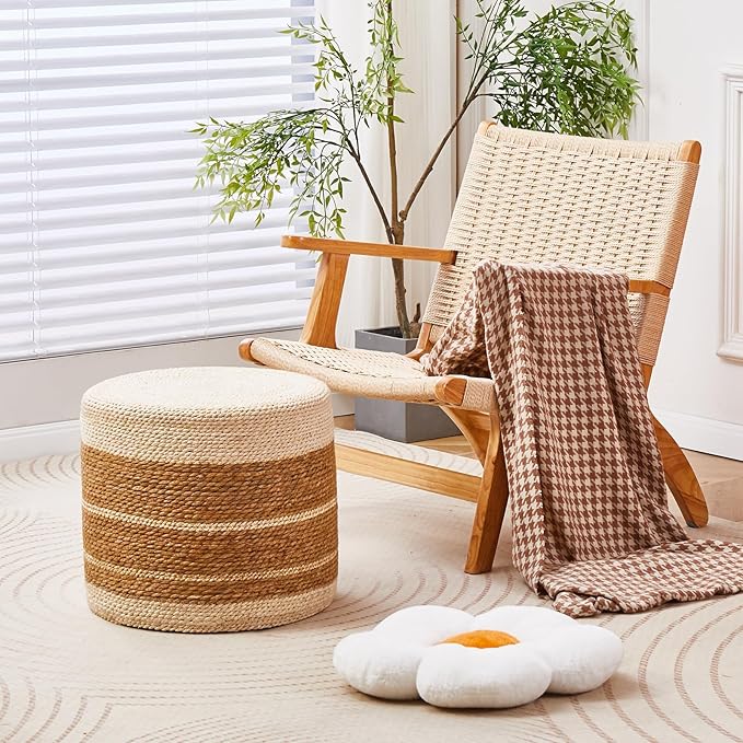 Cplxroc Ottoman Poof, Natural Seagrass Poufs, Hand Weave Round Footstool, Pouffe Accent Chair, Home Decorative Seat, Boho Deco Floor Chair for Living Room, Bedroom (18inch 68LG)