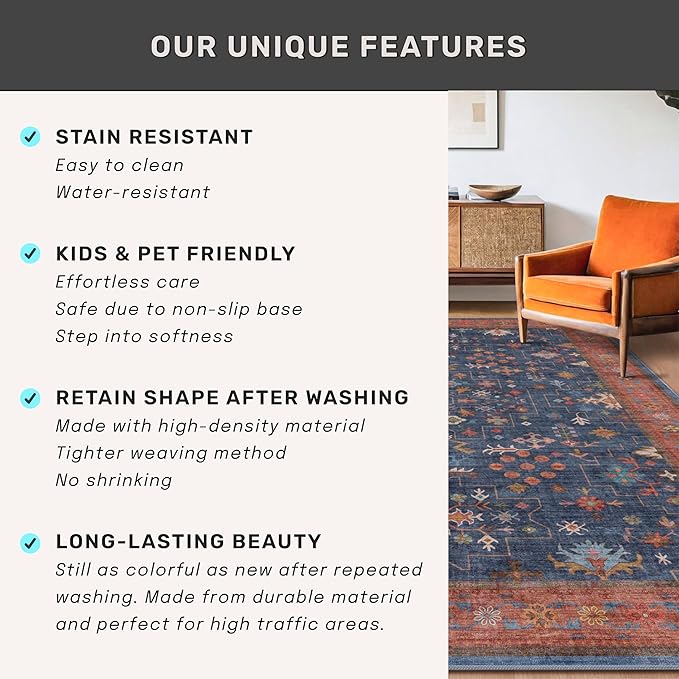 Washable 10 ft Long Runner for Kitchen Floor - Navy Blue Hallway Runner Rug, Pet Friendly Waterproof Non Slip with Rubber Backing, Stain Resistant Laundry Room Rug (3x10 Navy Blue & Terracotta)
