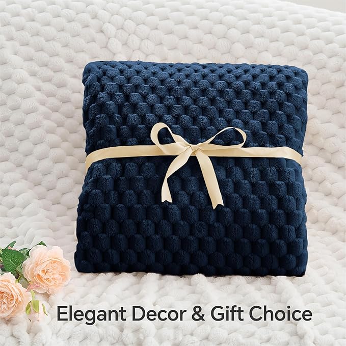 BEDELITE Fleece Blanket, Large Queen Size for Bed, 3D Jacquard Decorative Navy Fuzzy Throw, Soft and Cozy Warm Plush Fluffy Blanket All Seasons Suitable, 90x90Inches