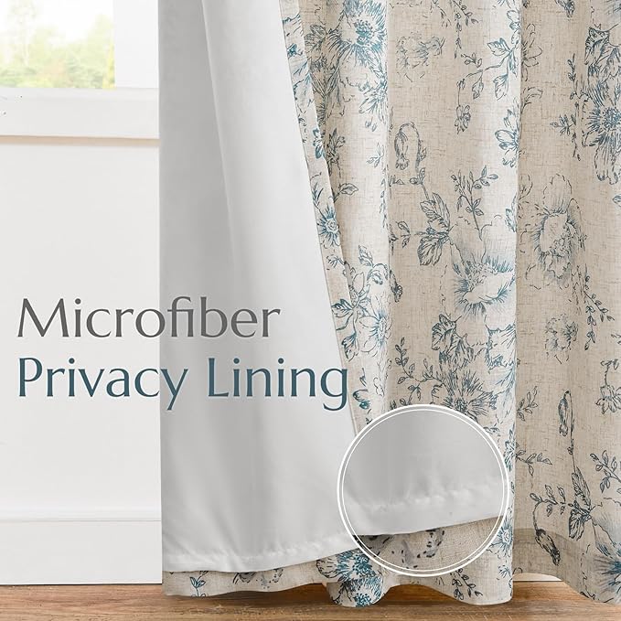 jinchan Lined Linen Blend Curtain Floral Curtains for Living Room 90 Inches Long Blue Peony Flower Printed Curtain Rod Pocket Back Tab Farmhouse Patterned Drapes Bedroom Window Curtains Set 2 Panels