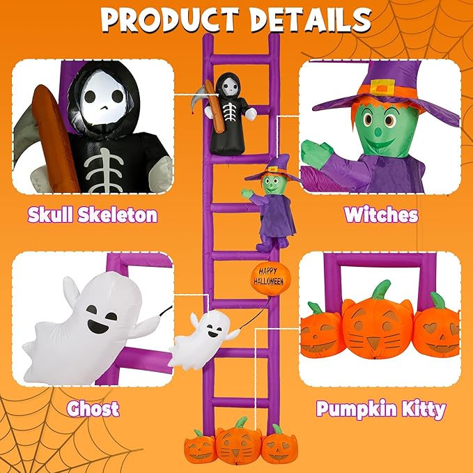 Halloween Inflatables, 10.5ft Purple Ladders Decorations, Blow Up Yard Inflatables, Pumpkin&Ghost&Witch&Skeleton, Extra Large Decorations with Built-in LEDs, for Holiday Outdoor Rooof Trees