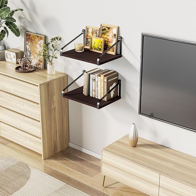 Love-KANKEI Floating Wall Shelves Mount Solid Wood with Enough Storage L16.5 x W12 inch for Kitchen Living Room Bathroom Bedroom Set of 2 Dark Walnut