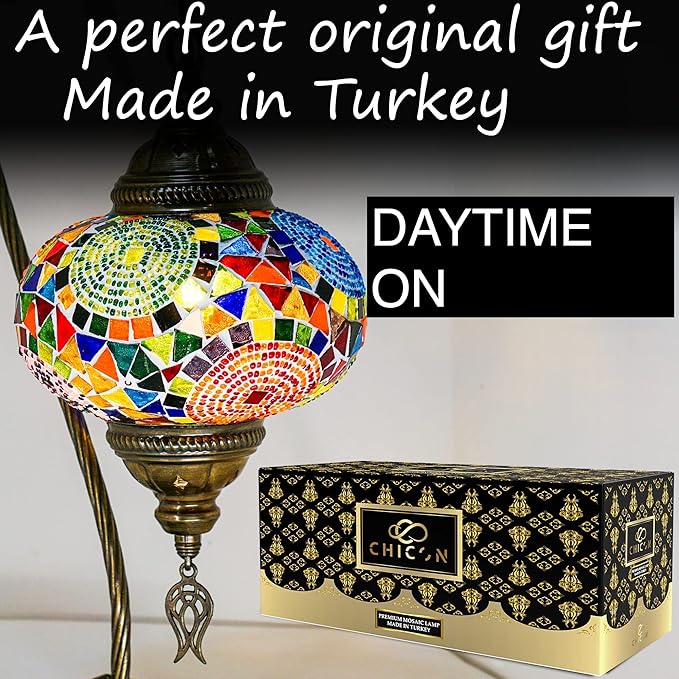 CHICON Handmade Mosaic Tiffany Boho Lamp | Genuine Glass Mosaic | A Piece of Art in Unique Moroccan Bohemian Small Table Lamp - SWAN 3Globes Multicolor