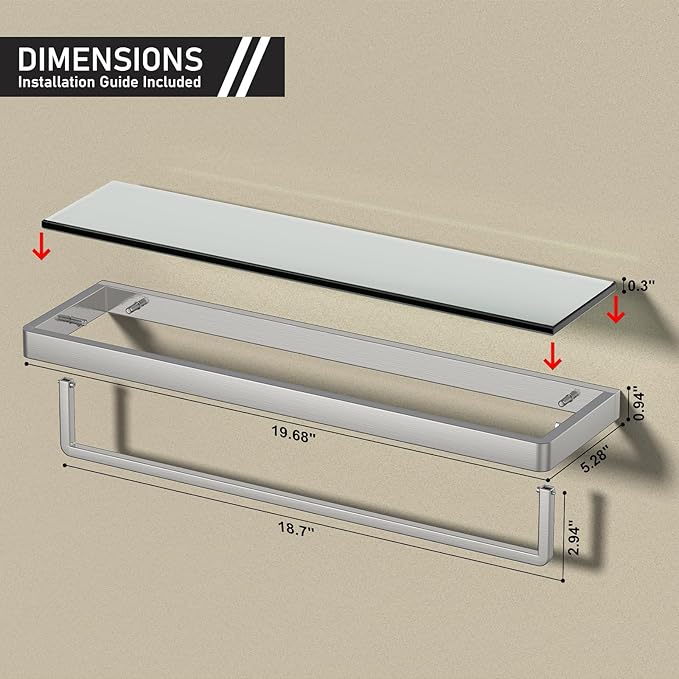 Glass Shelves/Shelf Wall Mount 20-in with Towel Bar/Rack Floating Shelves for Bathroom Tempered Glass Rectangular 1 Tier Organizer Wall Shelf (Brushed Nickel, 20'')