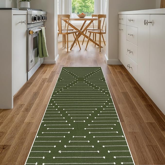 LIVEBOX Green Runner Rug 2'x6' Boho Washable Rug for Hallway, Moroccan Woven Entryway Throw Area Rug Indoor Cotton Mat for Kitchen Bedroom Laundry Bathroom Entry