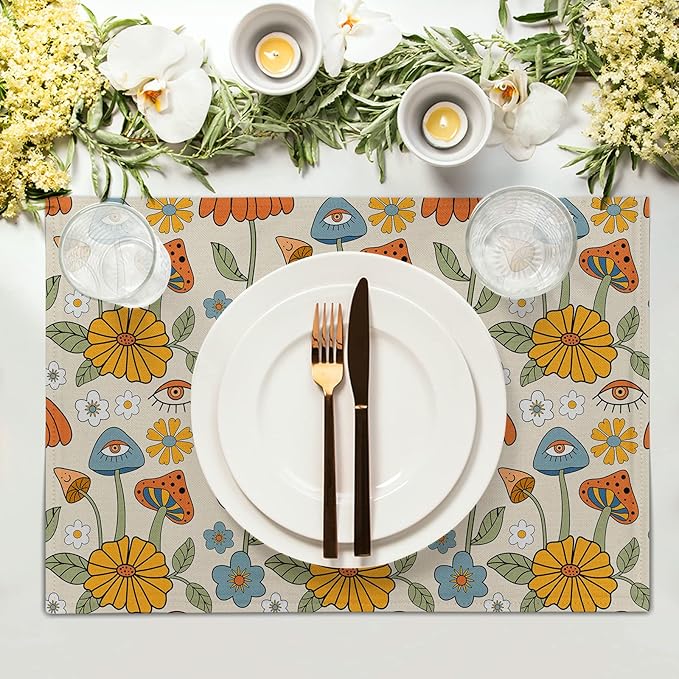 Retro Boho Floral Placemats Set of 4 70s Vintage Cute Abstract Mushrooms Fun Linen Washable Kitchen Dining Table Mats Stain Heat-Resistant Desktop Decor Place Mats for Home Party Dinner 12x18 in