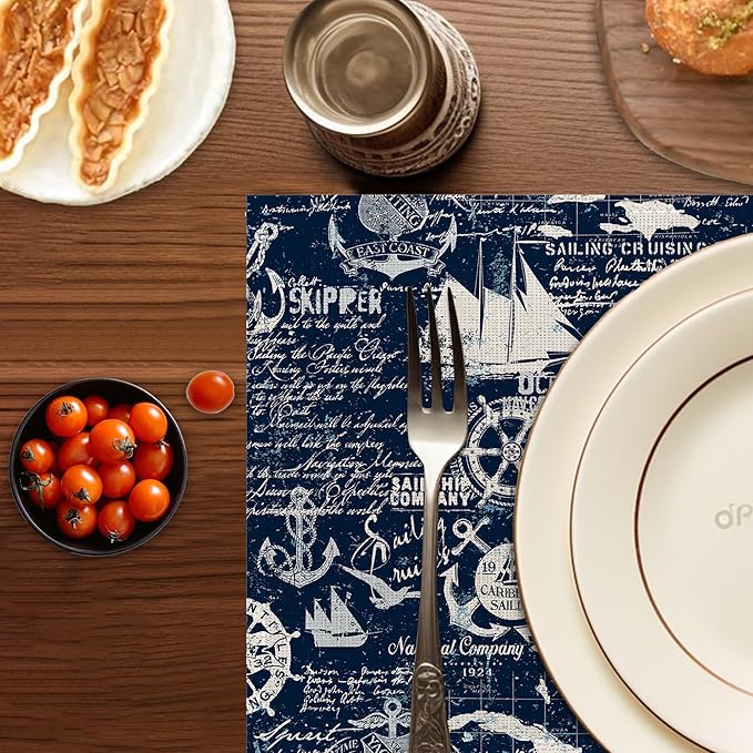 Nautical Navy Blue Placemats Set of 6,Washable Heat Resistant 12×18 Inch Linen Table Mats Caribbean Sailing Place Mats for Party Outdoor Dining Décor