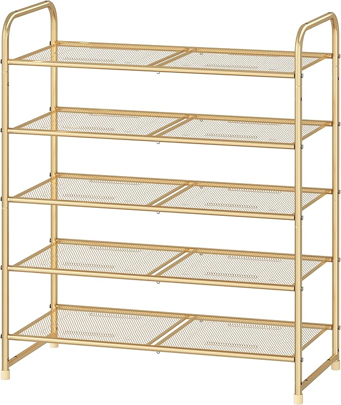 Simple Trending 5-Tier Stackable Shoe Rack, Expandable & Adjustable Shoe Shelf Storage Organizer, Metal Mesh, Gold
