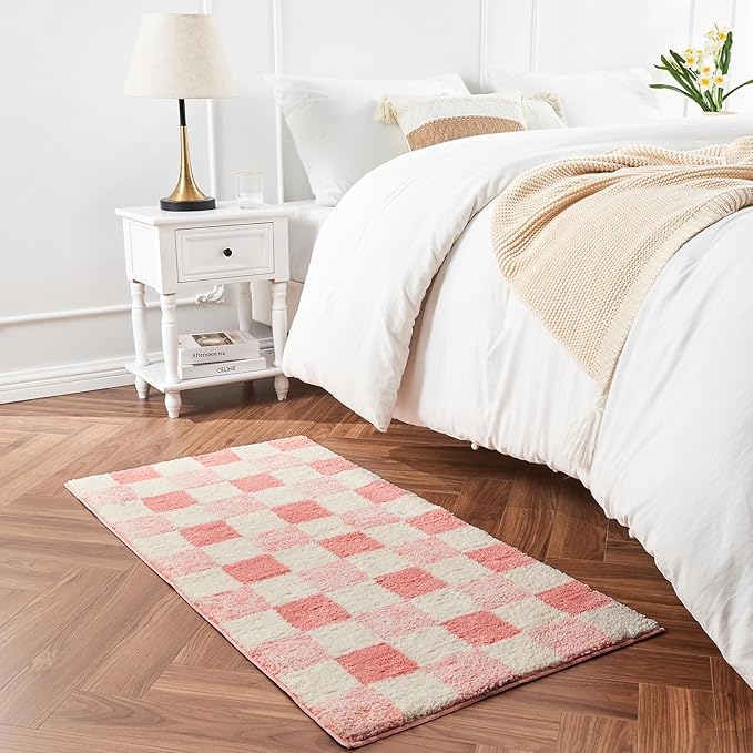 CozeCube Pink Checkered Bath mats Non Slip, Fluffy Absorbent Microfiber Runner Bath mat Washable, Aesthetic Bathroom Rugs, Long Bath mat for Bathroom Floor, 59"X24"