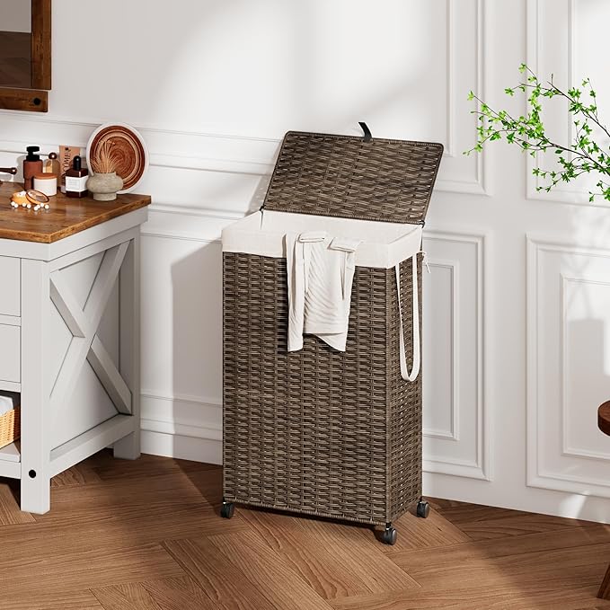 Rolling Laundry Hamper with Wheels and Lid, 90L Slim Laundry Basket with Removable Bag, Foldable Handwoven Rattan Laundry Sorter, Narrow Dirty Clothes Basket Organizer, No Assembly, Vintage
