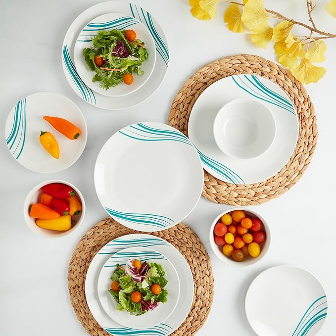 Tabletops Gallery 12-Piece White with Teal Striped Ceramic Dinnerware Set of Kitchen Dishes, Round Dinner Salad Plates Cereal Bowls, Service for 4, Marina