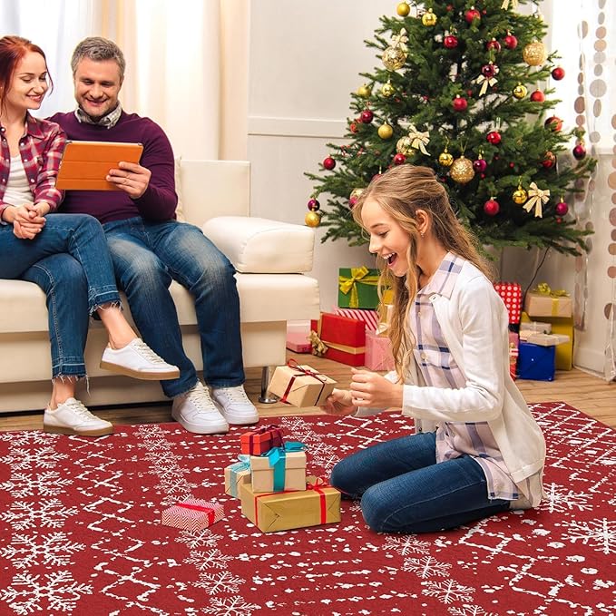Christmas Area Rugs 8x10 for Living Room Red Snowflake Plaid Decorative Modern Rug Holiday Decor Geometric Non Slip Rug Washable Carpet for Bedroom Dining Room