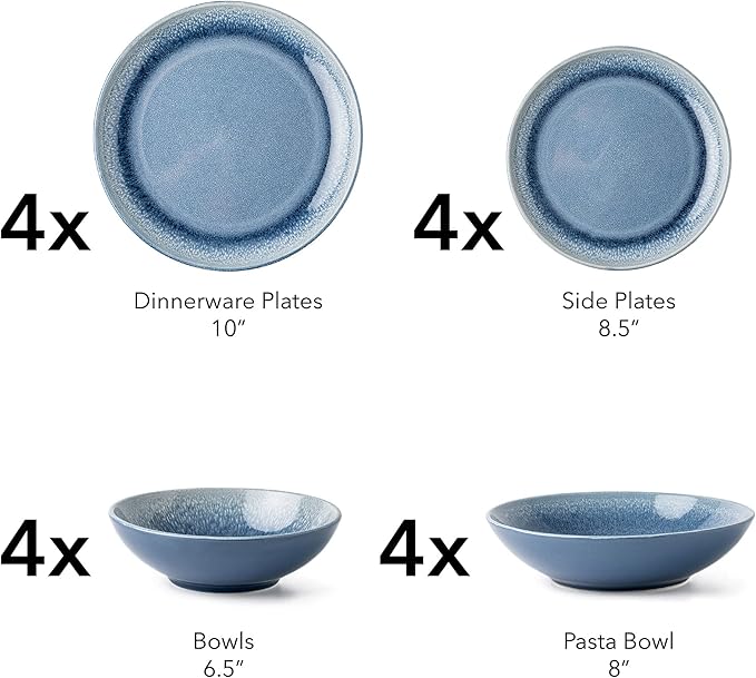 FAIT Round Stoneware 16pc Double Bowl Dinnerware Set for 4, Dinner Plates, Side Plates, Cereal Bowls, Pasta Bowls - Reactive Glaze Blue (449322)