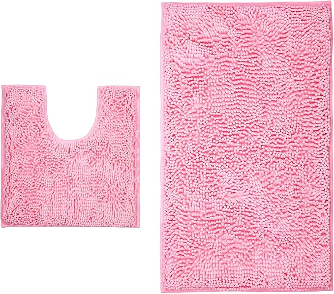 Pink Bathroom Rugs 2 Pieces Chenille Bath Rug Mat, Extra Thick and Soft Absorbent Bath Rugs, Machine Washable, Non-Slip Plush Bath Mats for Tub, Shower, and, (Pink, 32"x20"+U Shape 20"x20")