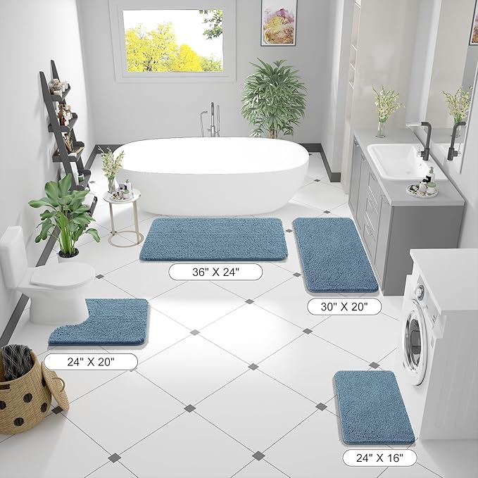 OLANLY Bathroom Rugs 44x24, Extra Soft Absorbent Chenille Bath Rugs, Rubber Backing Quick Dry, Machine Washable Bath Mats for Bathroom Floor, Tub and Shower, Home Decor Accessories, Airy Blue