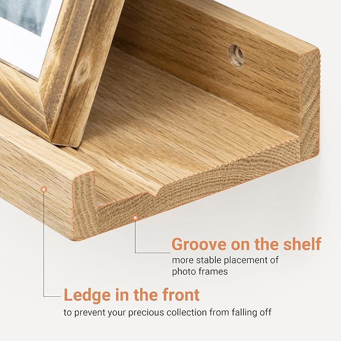 Oak Picture Ledge Shelf,Floating Wall Mounted Shelves, Black Shelves for Wall Decor, Modern Picture Ledge Shelf with Lip for Storage, Bedroom, Living Room, Bathroom,Nursery Display