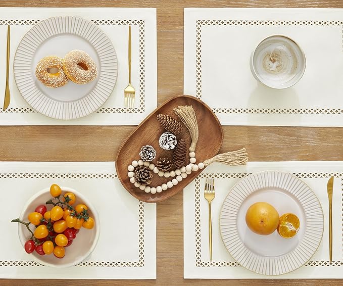 Burlap Placemats Set of 4, 12 x 18 Inch Rustic Geometric Hollow Place Mats, Heat Resistant Placemats for Farmhouse Kitchen Table Decor, Off White 4PCS