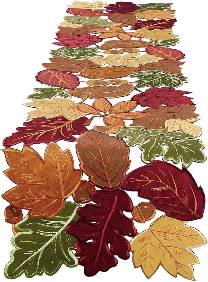 OWENIE Fall Table Runner - Thanksgiving, Farmhouse Embroidered Maple Leaves, 13 x 54 Inch, Orange