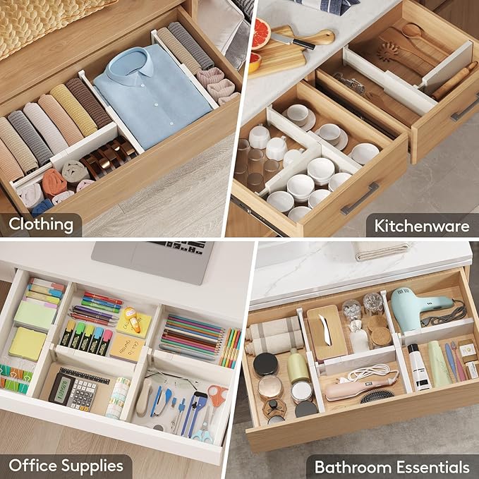 Lifewit 9 Pack Drawer Dividers 4" High, 11-17" Adjustable Drawer Organizers for Clothes, Expandable Dresser Separators in Bedroom/Bathroom/Kitchen/Fridge/Office Organization and Storage, Beige