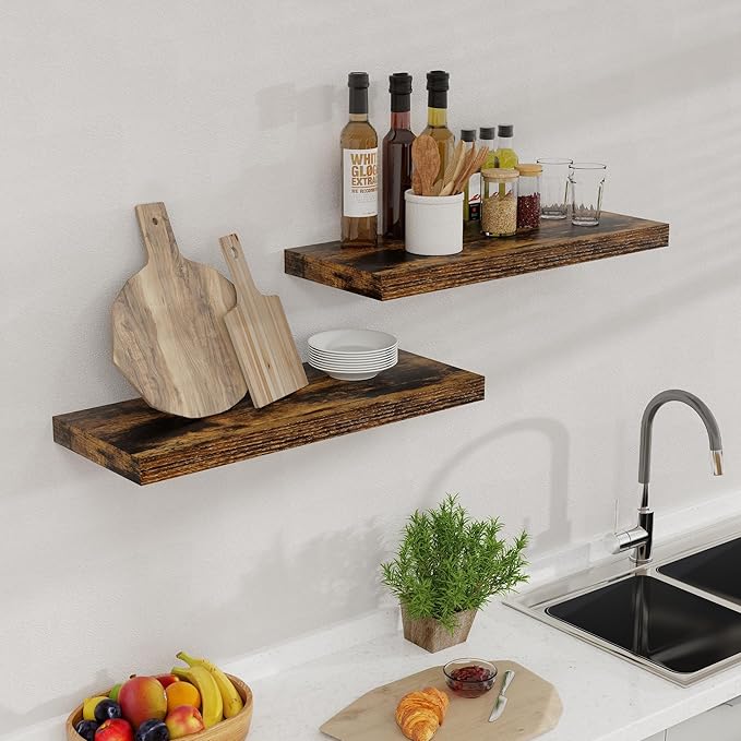 24W x 9.3D Floating Shelves, 9.3" Deep Wall Shelves Set of 2, Farmhouse Rustic Wood Shelf 24 Inch Long, Large Display & Storage Shelves for Book, Living Room, Bathroom, Kitchen - Rustic Brown
