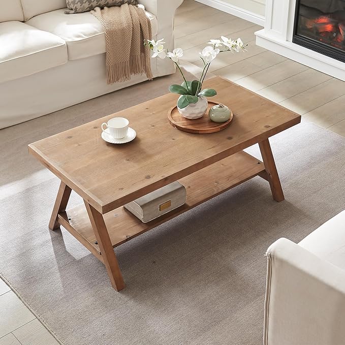 Farmhouse Coffee Table,Solid Wood Center Tables with Storage Shelves & Sturdy A-Shaped Legs, Modern Rustic 2-Tier Rectangular Table for Living Room and Office, Natural