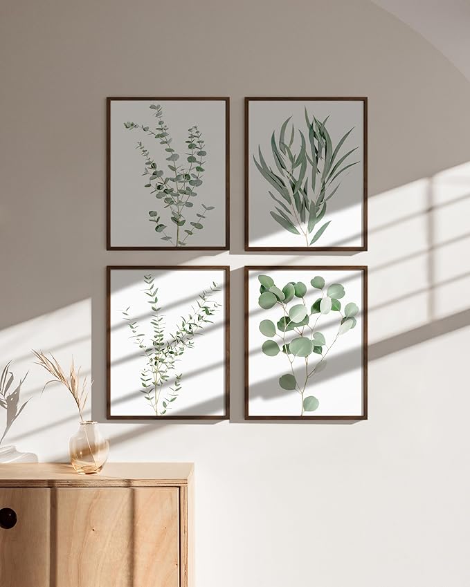 HAUS AND HUES Botanical Plant Wall Art Prints - Set of 4 Plant Wall Decor Prints, Floral Kitchen, Flower Leaves Wall Art, Boho Leaf Eucalyptus Wall Decor, Green Botanical Poster (Walnut Frame, 11x14)