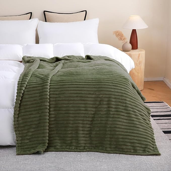 Olive Green Fleece Throw Blanket 50”×60” for Couch Sofa Bed,Super Soft Cozy Plush Microfiber Flannel Blanket with Stripes Design Lightweight for Adults,Woman,Girls